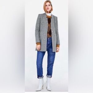 ZARA Women’s 100% Shetland Wool Inverted Collar Single Button Front Grey Coat XS